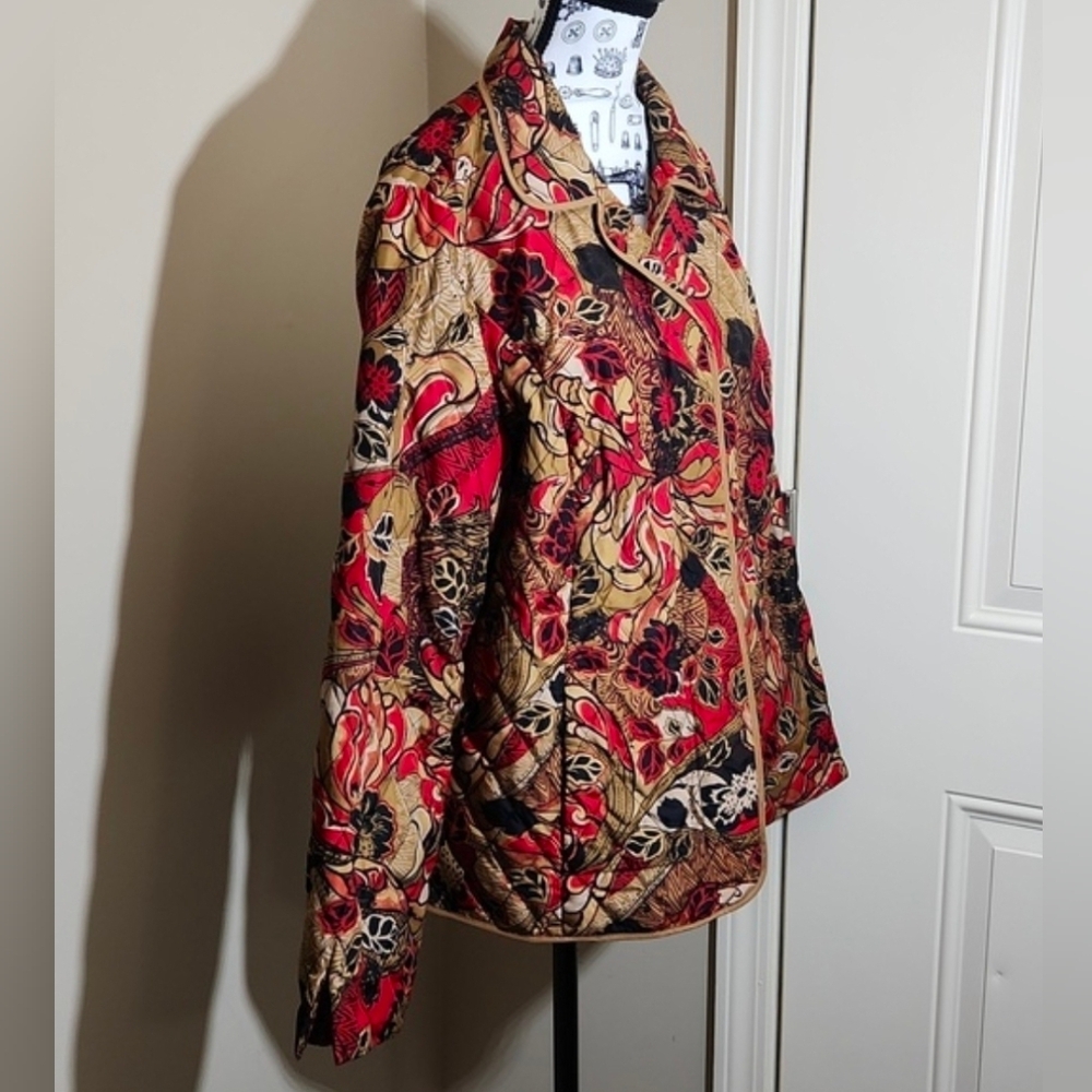 ❤️ BEAUTIFUL Softshell Quilted Brown Red Floral Full Zip Jacket Women's Large 🌟